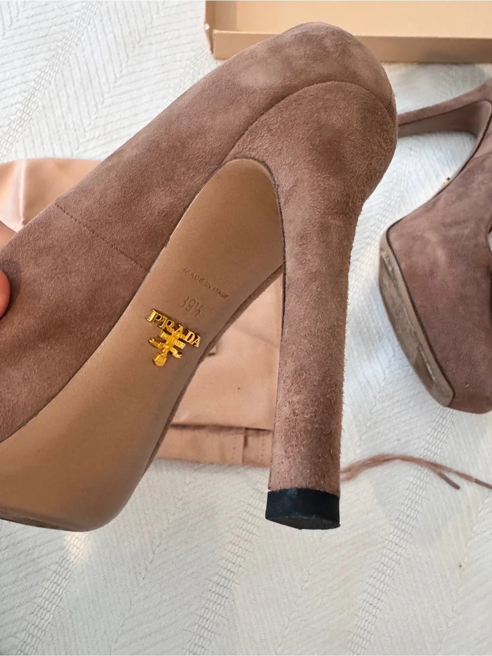 Prada Taupe Suede Bow Peep-Toe Pumps